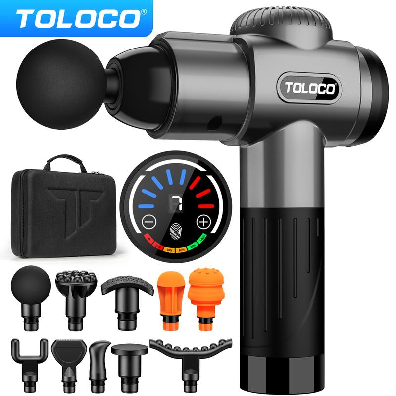 TOLOCO Deep Tissue Massage Gun Features 10 Heads and a Silent Brushless Motor. Ideal for Athletes and Pain Relief. Perfect Cordless Christmas Gift! Adjustable Massager